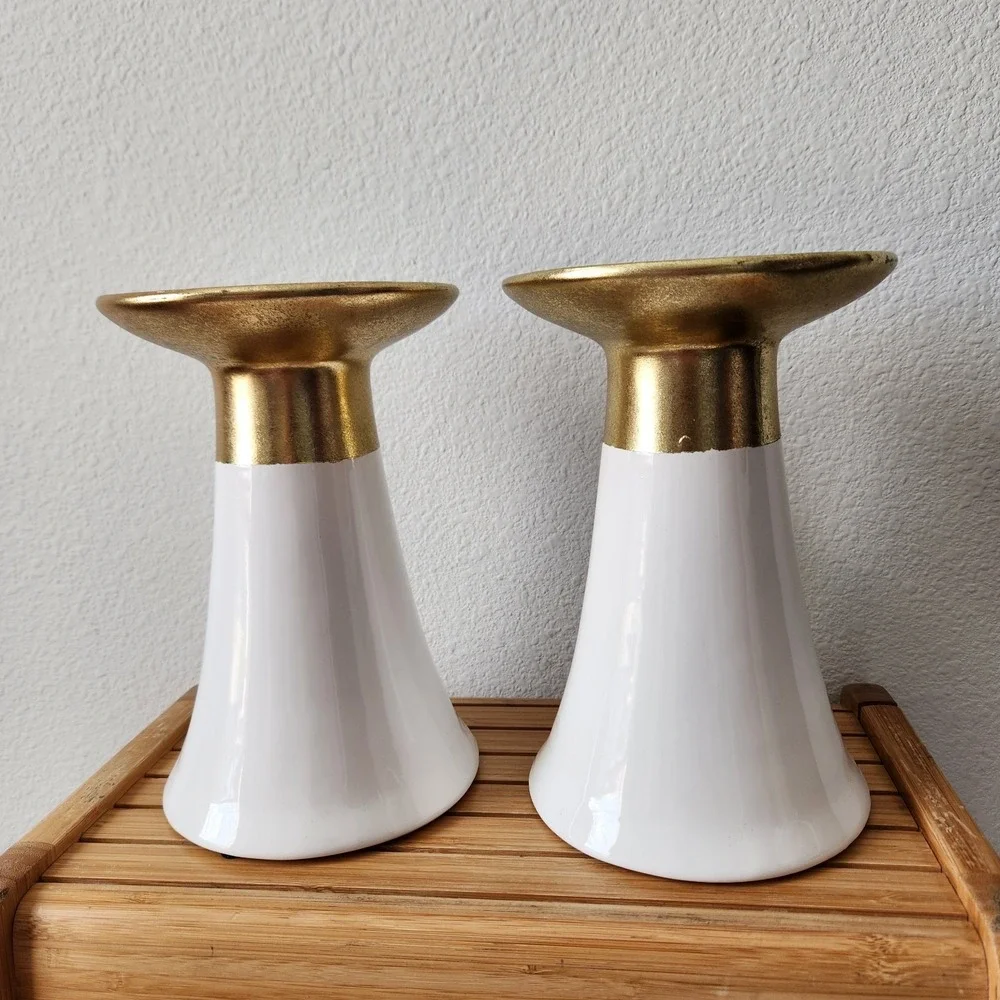 Christmas 2016 Hobby Lobby Gold White Pedestal Pillar‎ Candle Holders Set Of 2
